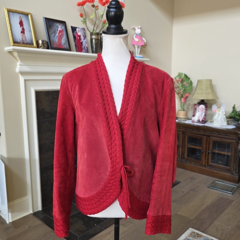 Coldwater Creek Red Suede Leather Cable Knit Jacket Size Large L - Picture 11 of 16